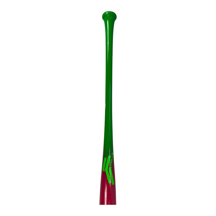 Bat de béisbol Radach Sports Overfly CC13 de madera de maple, 33 pulgadas, diseño bicolor en rosa y verde brillante.