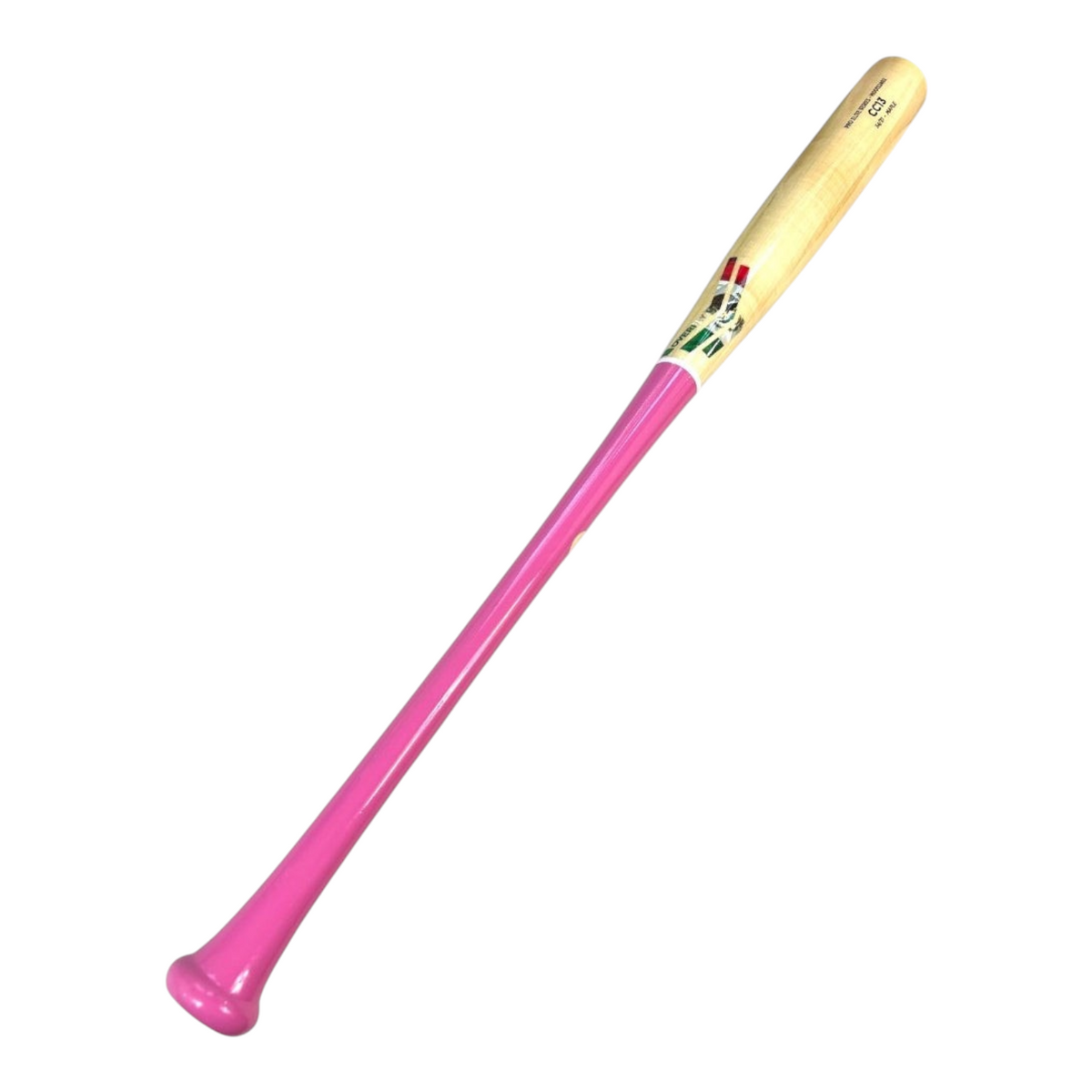 Bat de béisbol profesional Radach Sports Overfly CC13 de madera de maple con mango rosa y barril natural