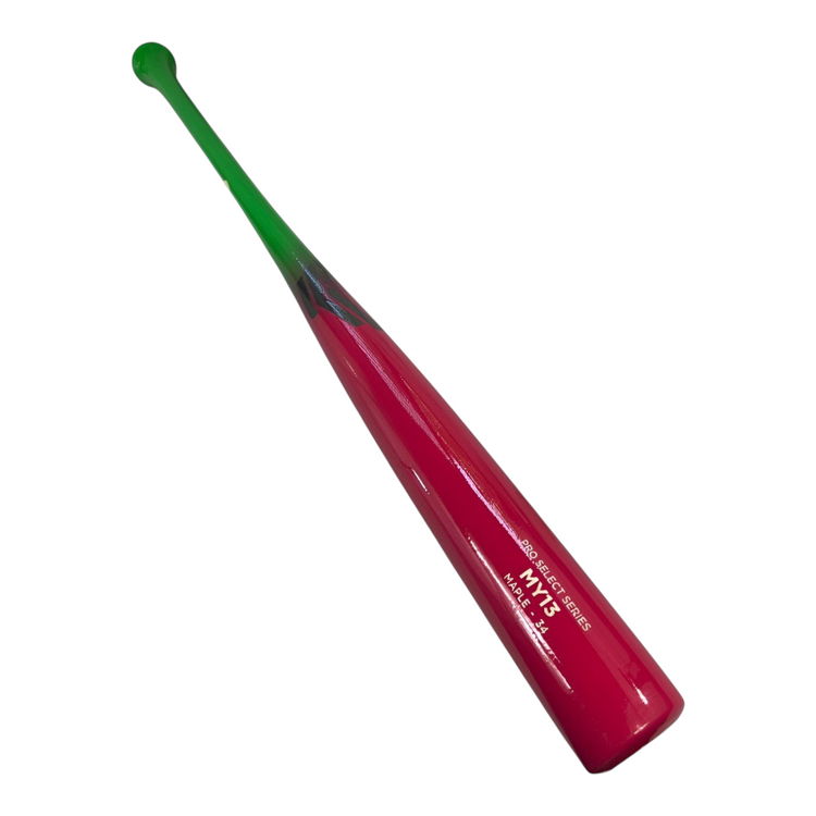 Bat de béisbol Radach Sports Overfly MY13 de madera de maple, color rosa brillante con mango verde neón de 34 pulgadas