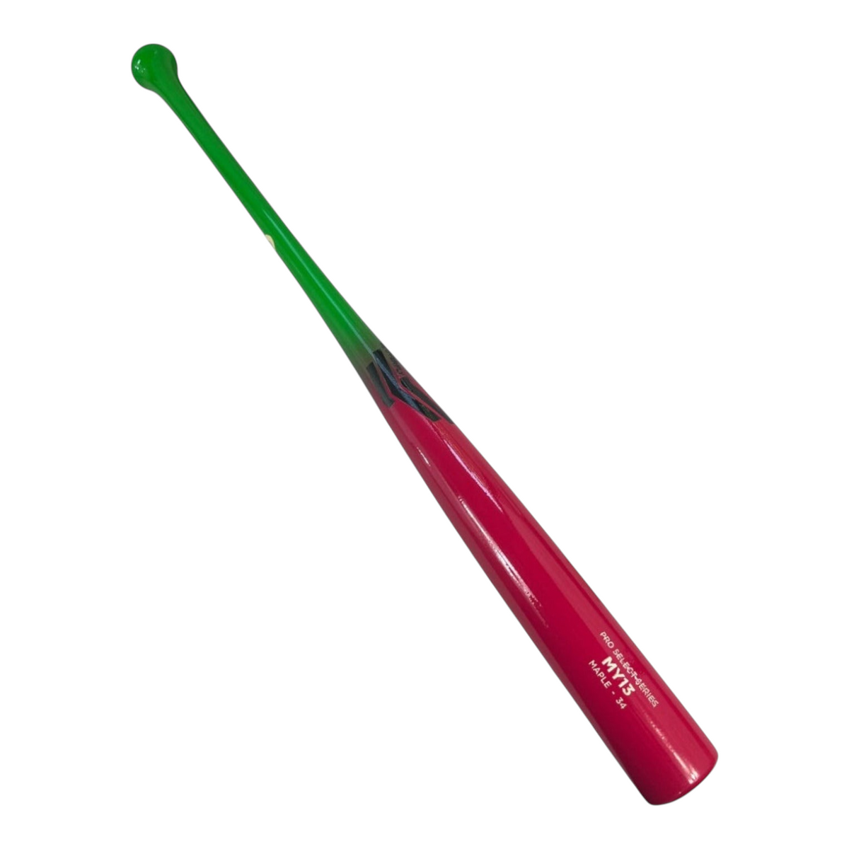 Bat de béisbol Radach Sports Overfly MY13 de madera de maple, color rosa brillante con mango verde neón de 34 pulgadas