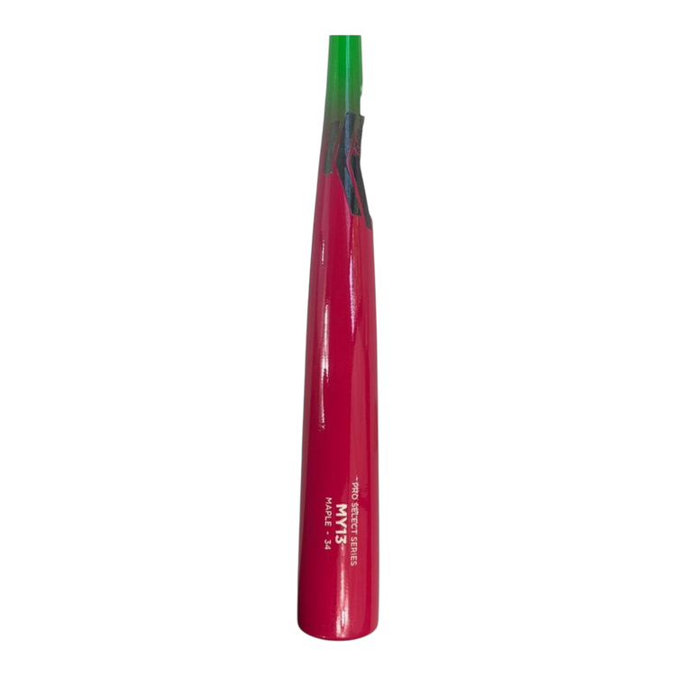 Bat de béisbol Radach Sports Overfly MY13 de madera de maple rosa con mango verde neón, diseño balanceado de 34 pulg.