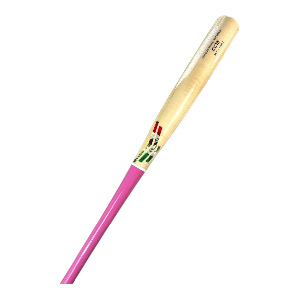 Bat de béisbol Radach Sports Overfly Pro Elite CC13 de madera maple, mango rosa y barril natural con logo México.