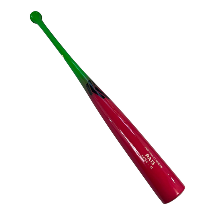 Bat de beisbol Radach Sports Overfly RA13 de madera maple, 33 pulgadas, diseño en verde neón y rosa eléctrico brillante.
