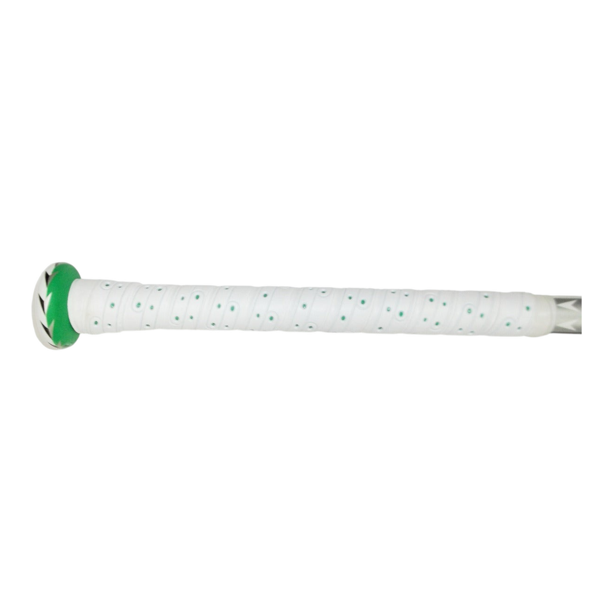 Mango de bat de beisbol Louisville Omaha de Radach Sports con grip blanco perforado y detalles en verde