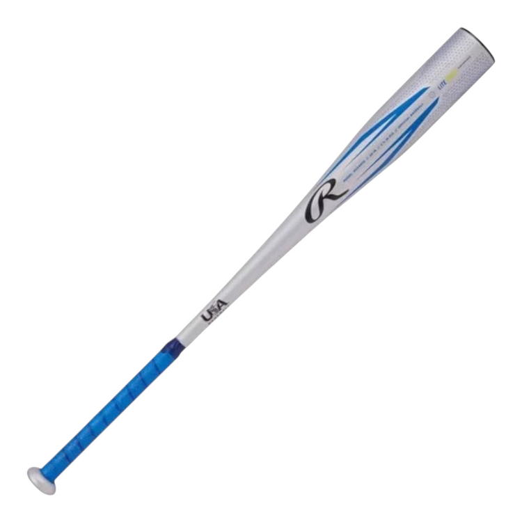 Bat de beisbol infantil Radach Sports Rawlings Machine USA de aleación plateada con detalles en azul y agarre azul