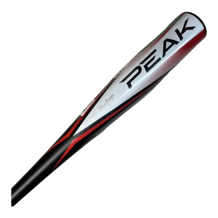 Bat de béisbol infantil Radach Sports Rawlings Peak de aluminio con diseño en colores negro, rojo y plateado.