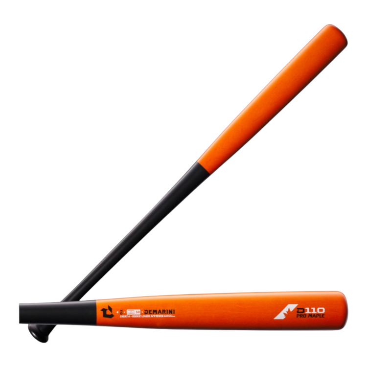 Bate de béisbol Radach Sports DeMarini D110 de madera de arce compuesto en color naranja y negro