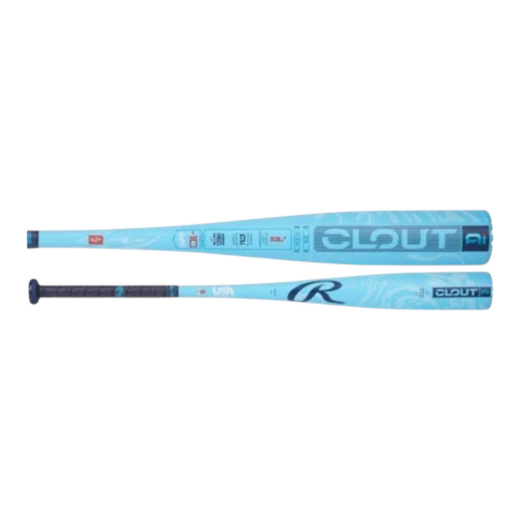Bate de béisbol infantil Radach Sports Rawlings Clout AI USA en color azul claro con detalles gráficos