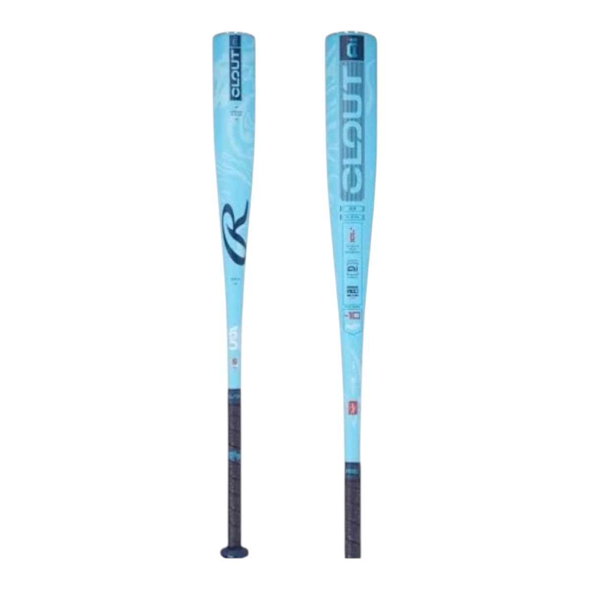 Bate de béisbol infantil Radach Sports Rawlings Clout AI USA -10 en color azul claro con diseño gráfico moderno