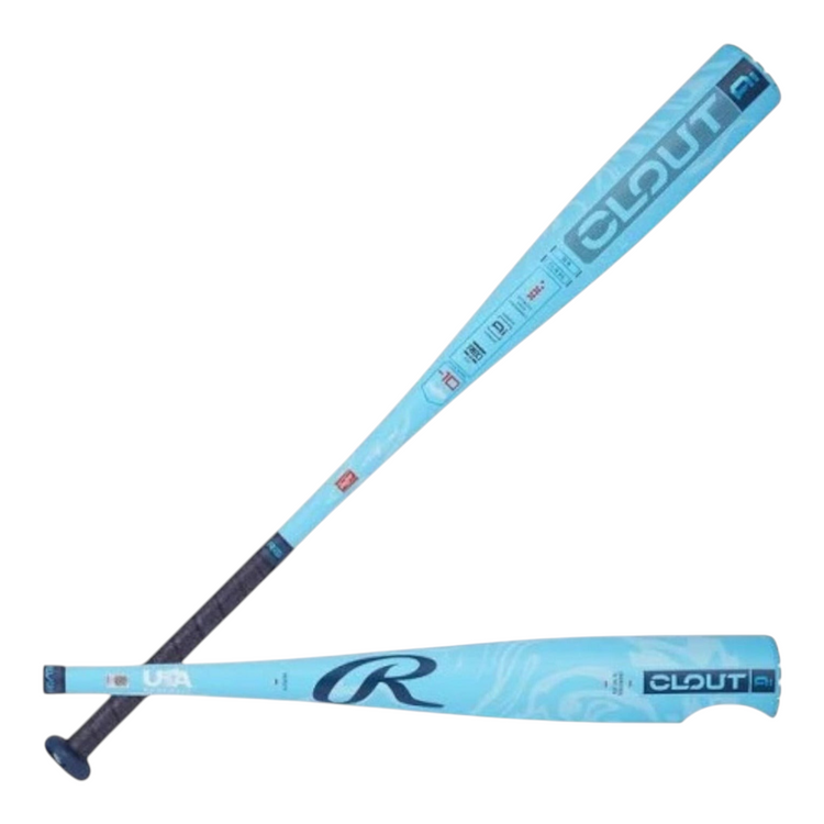 Bate de béisbol infantil Radach Sports Rawlings Clout AI USA -10 en color azul claro con detalles gráficos