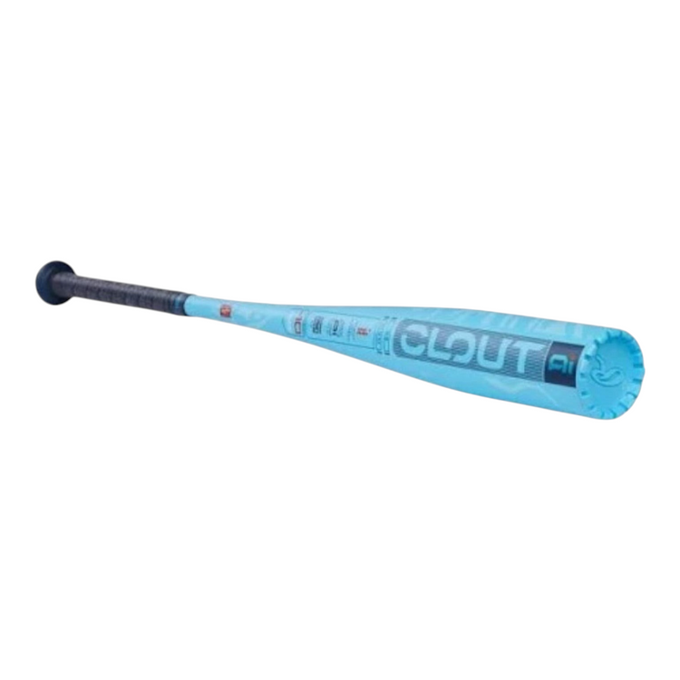 Bate de béisbol infantil Radach Sports Rawlings Clout AI USA en color azul claro con diseño gráfico moderno