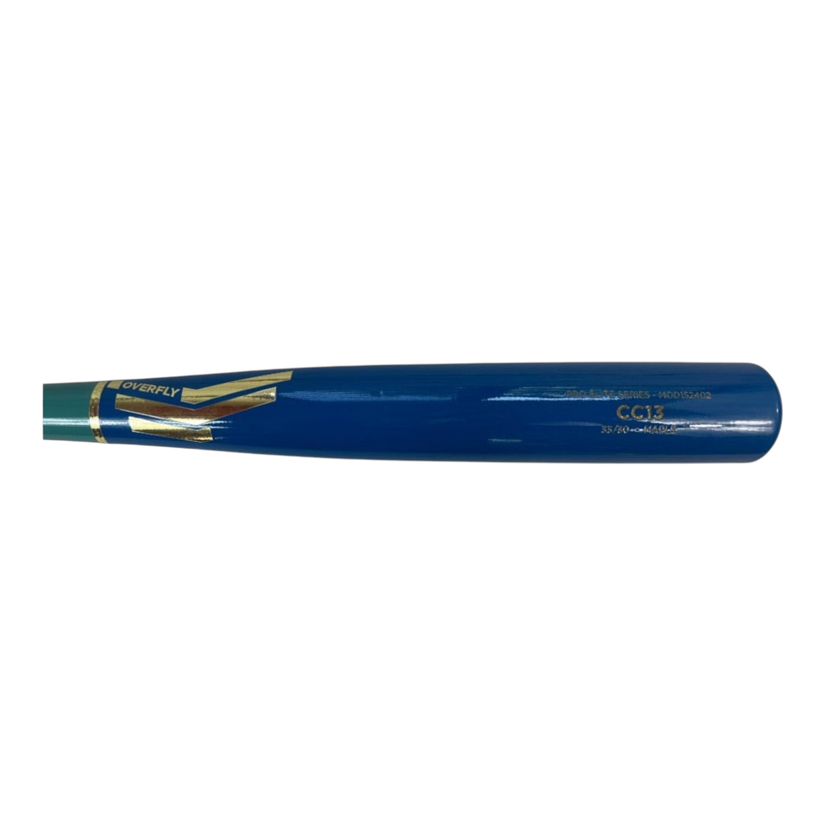 Bate de béisbol profesional Radach Sports Overfly Pro Elite CC13 de madera en color azul y verde agua con logo dorado