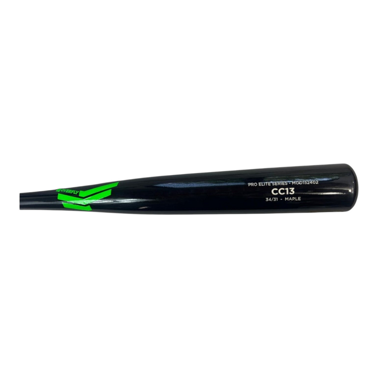 Bate de béisbol Radach Sports Overfly CC13 Pro Elite de madera de maple negra con detalles en verde neón