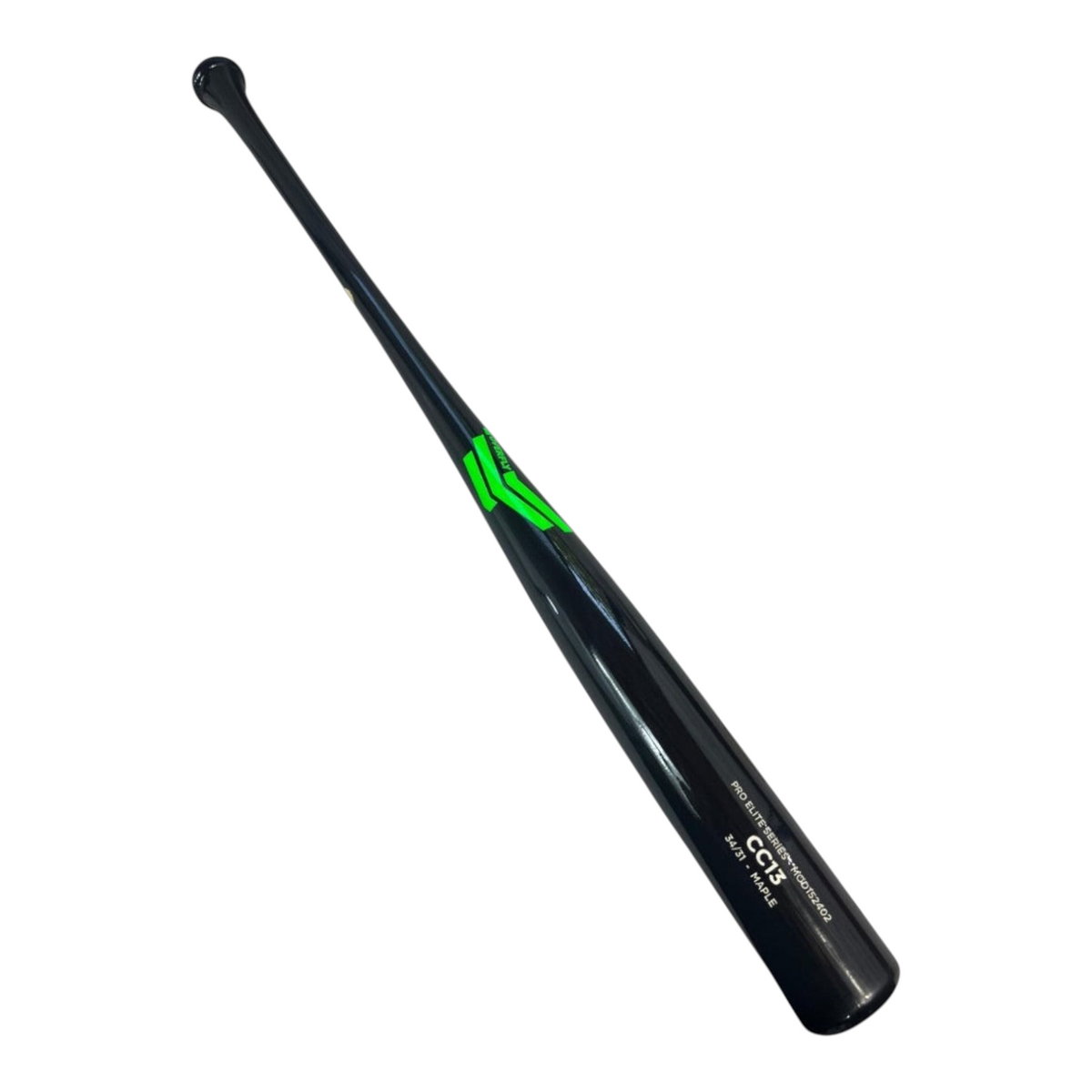Bate de béisbol Radach Sports Overfly CC13 Pro Elite de madera de maple negra con detalles en verde neón