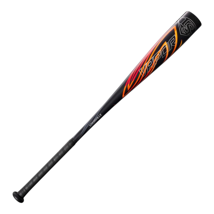 Bate de béisbol Radach Sports Louisville Vapor 2023 de aluminio negro con detalles en naranja y amarillo