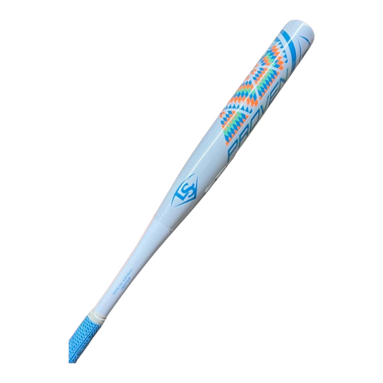 Bate de softbol fastpitch Radach Sports Louisville Proven blanco de 32 pulgadas con detalles geométricos coloridos