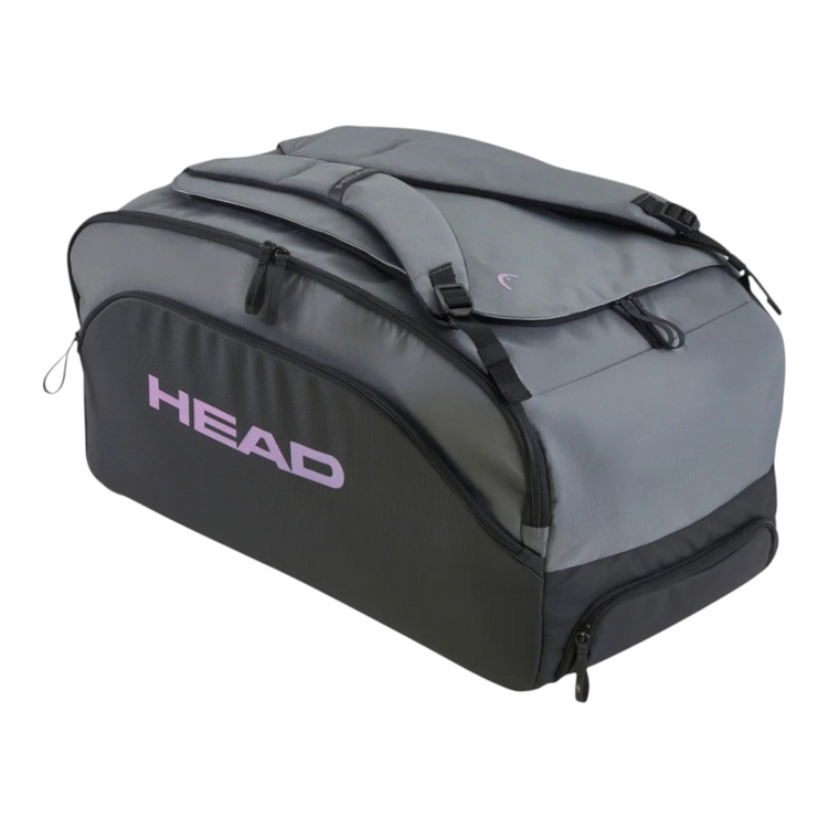 Bolsa de pádel Radach Sports HEAD Pro X Duffle L en gris y negro con compartimentos térmicos y diseño sostenible.