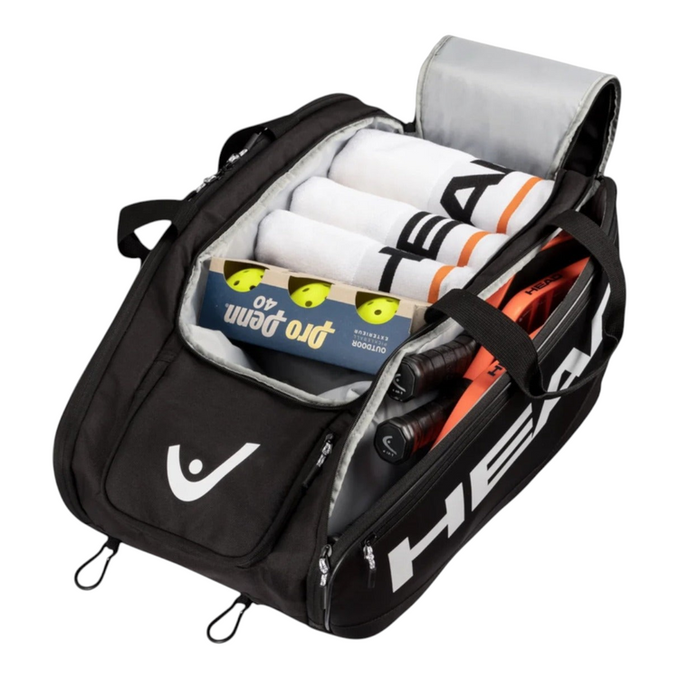 Bolsa Radach Sports Head Pro Pickleball negra con compartimentos organizados para paletas, pelotas y toallas