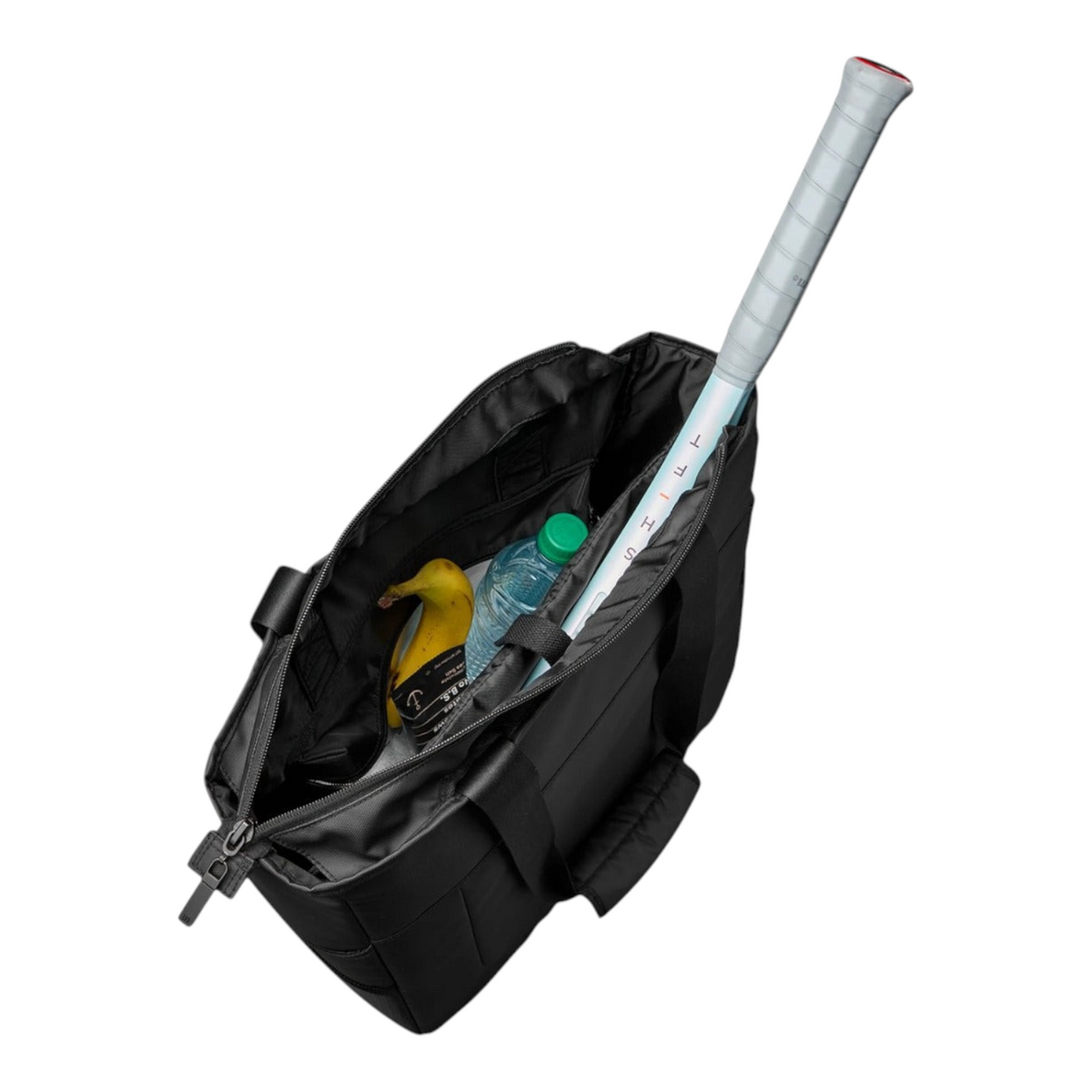 Bolso Radach Sports Wilson Lifestyle negro de poliéster con raqueta de tenis, botella de agua y fruta en el interior