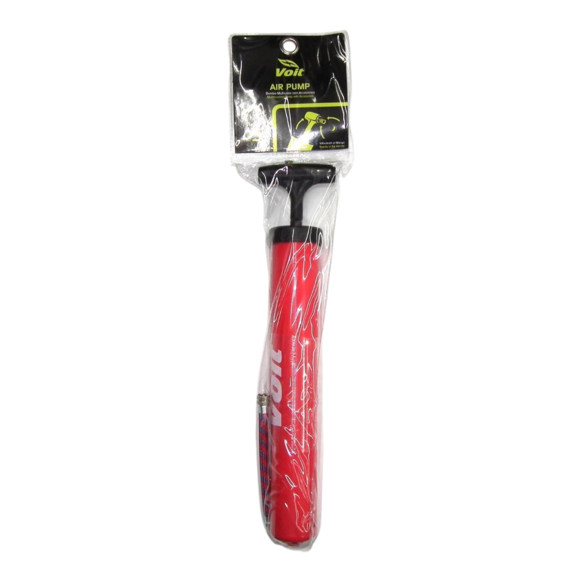 Bomba de inflado Voit de 12 pulgadas en color rojo con manguera y válvula, disponible en Radach Sports