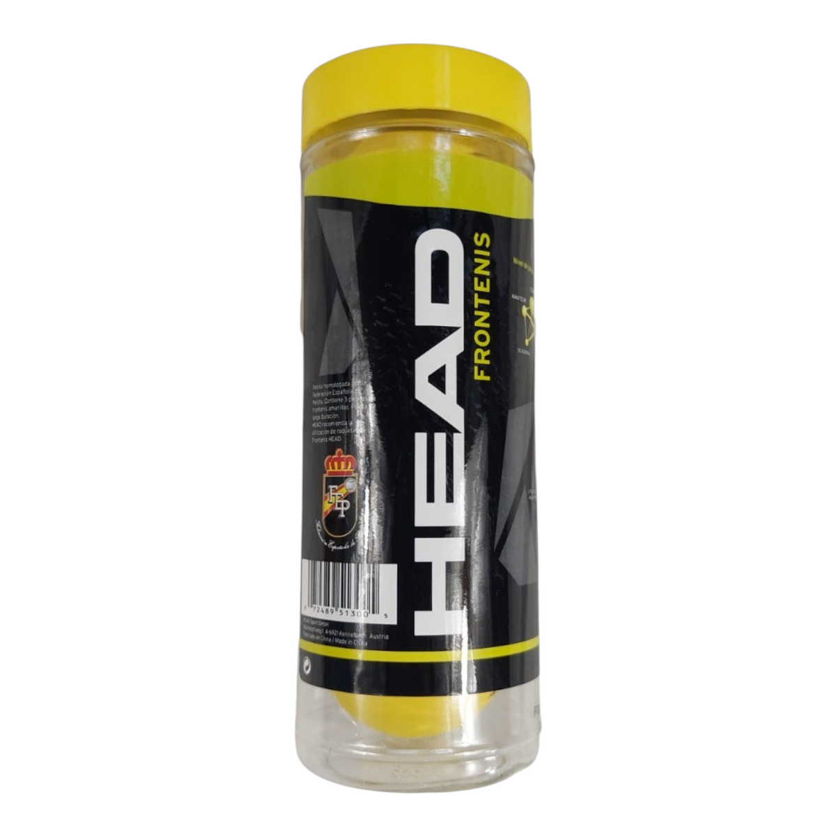Bote de 3 pelotas de frontenis amarillas marca Radach Sports con tapa amarilla y etiqueta negra de Head
