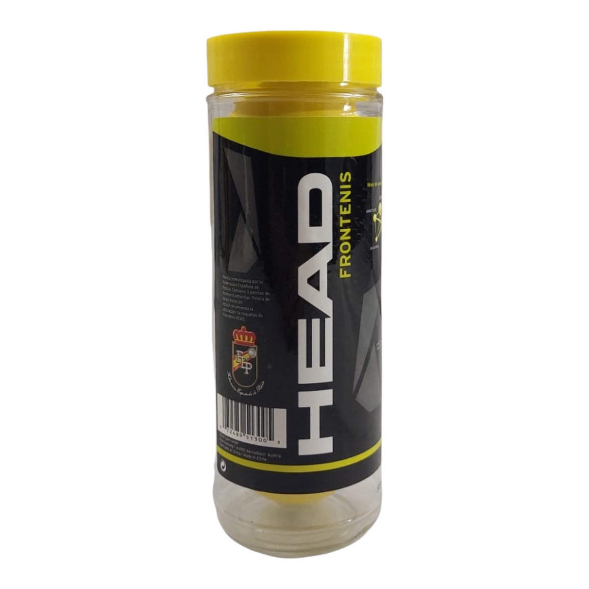 Bote de 3 pelotas de frontenis amarillas marca Radach Sports con etiqueta oficial HEAD