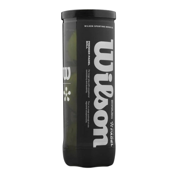 Bote de 3 pelotas de pádel Wilson Premier Padel de Radach Sports con fieltro de alta visibilidad para mayor control.