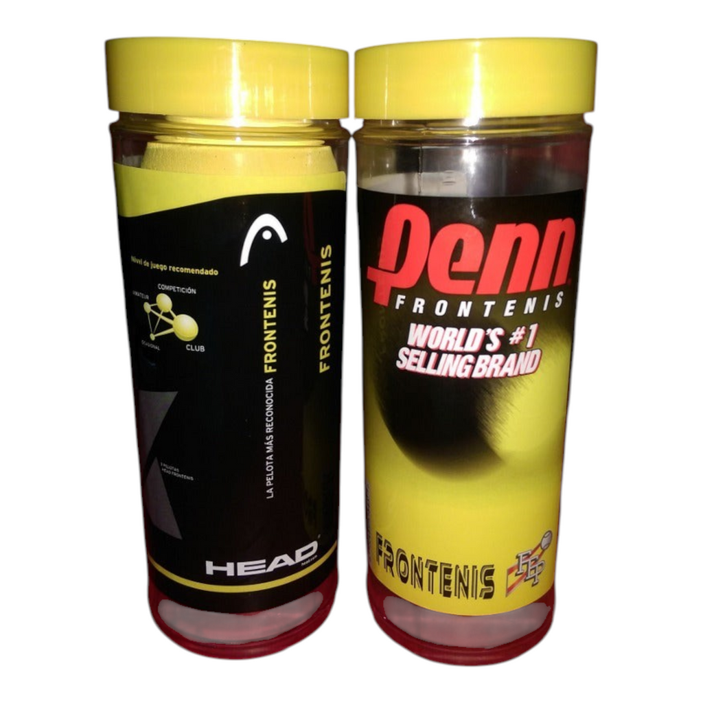 Botes de pelotas de frontenis Head y Penn en Radach Sports, envases cilíndricos con tapas amarillas