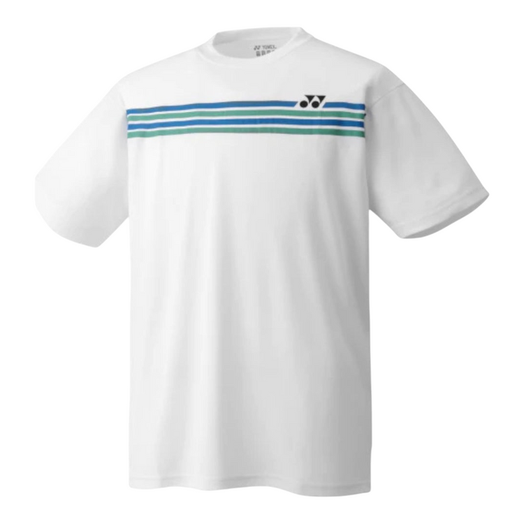 Playera deportiva junior Radach Sports blanca con cuello redondo y franjas horizontales azules y verdes en microfibra