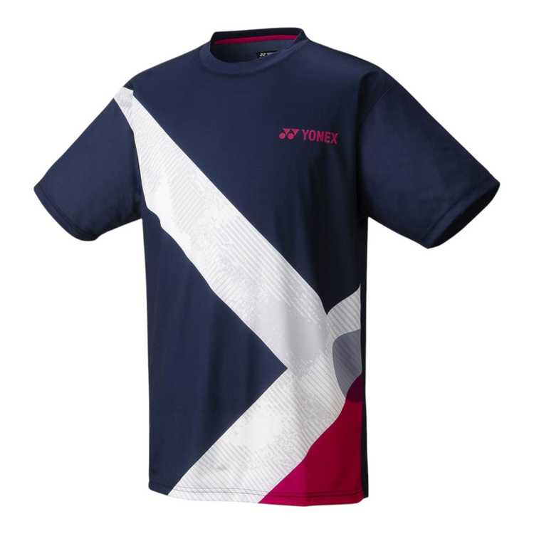 Camiseta de entrenamiento Radach Sports Yonex YM0044 azul marino con diseño gráfico geométrico y logo en el pecho