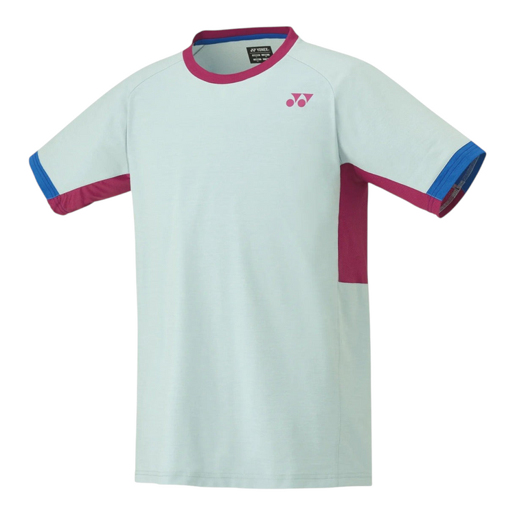 Camiseta deportiva Radach Sports Yonex para hombre en color menta con detalles en morado y azul, cuello redondo.
