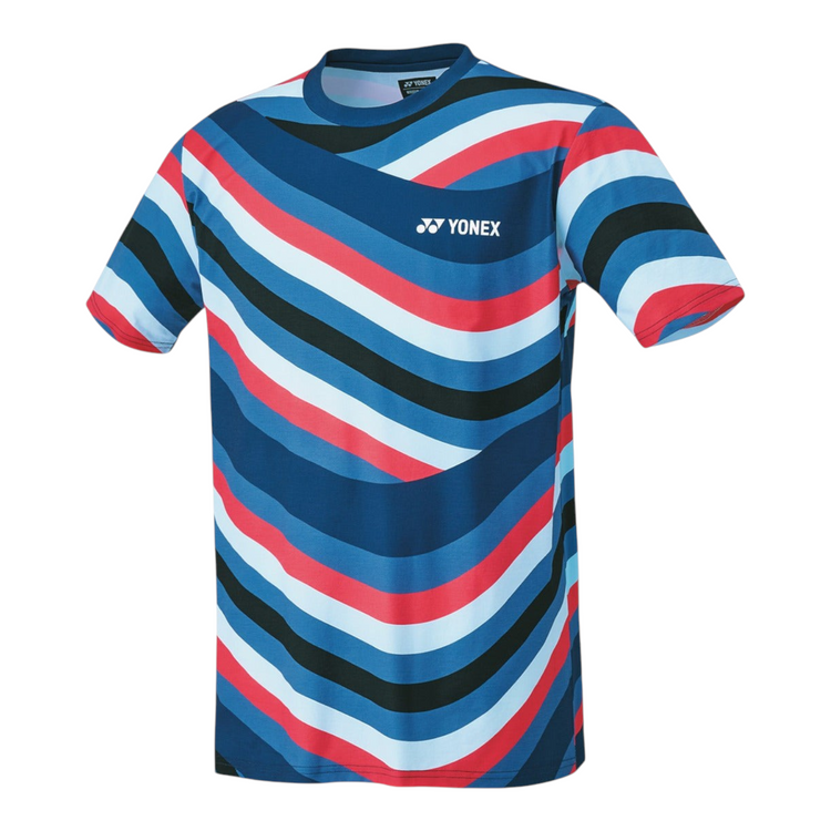 Camiseta deportiva Radach Sports Yonex de poliéster con estampado de rayas onduladas en azul, rojo y blanco