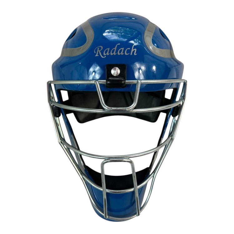 Careta de catcher Radach Sports Pro para adulto en color azul rey con rejilla metálica protectora y logo frontal