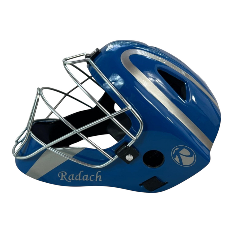 Careta de catcher Radach Sports Pro en color azul rey con detalles plateados y rejilla metálica protectora