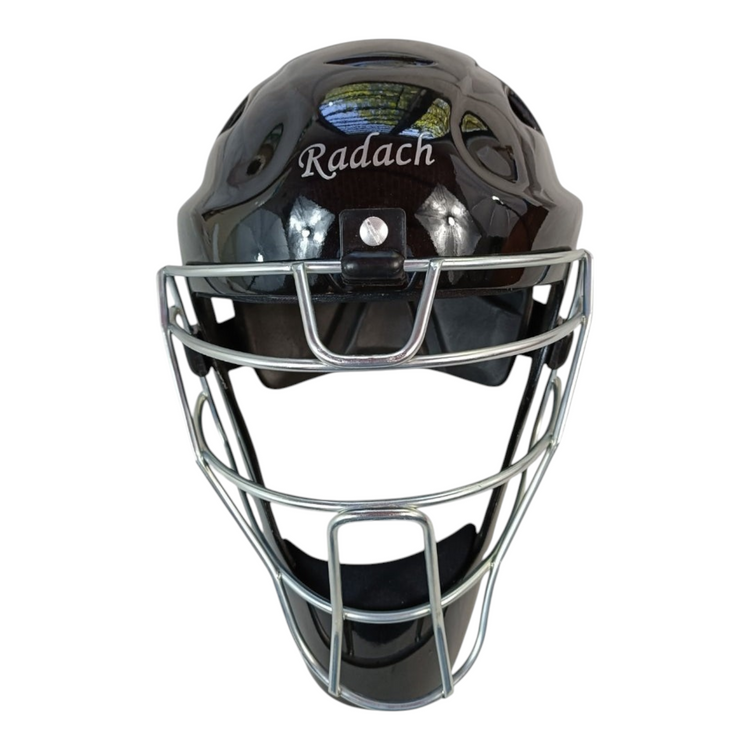 Careta de catcher Radach Sports color negro brillante con rejilla metálica protectora para beisbolistas adultos