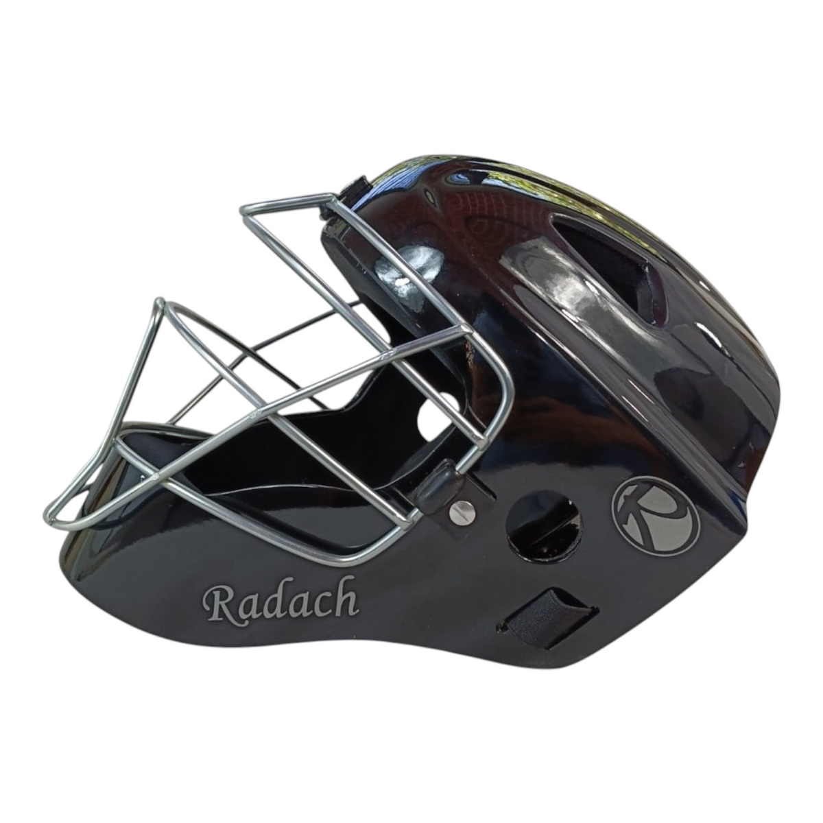 Careta para catcher Radach Sports color negro brillante con rejilla metálica protectora para beisbolistas adultos