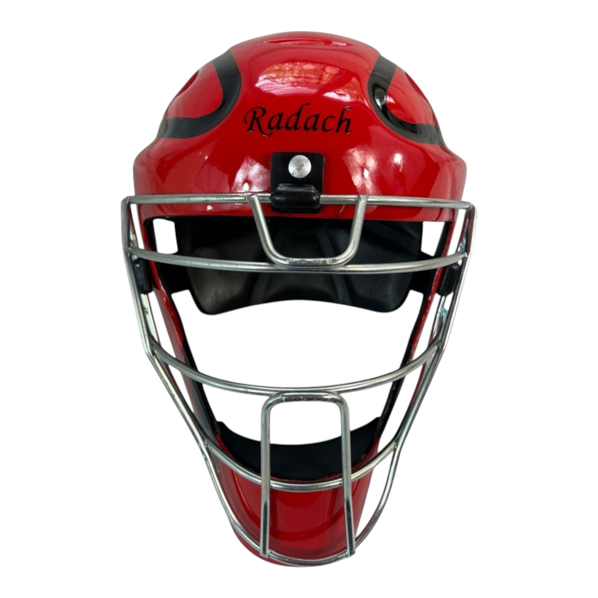 Careta de catcher Radach Sports Pro color rojo con detalles negros y rejilla metálica protectora para béisbol adulto