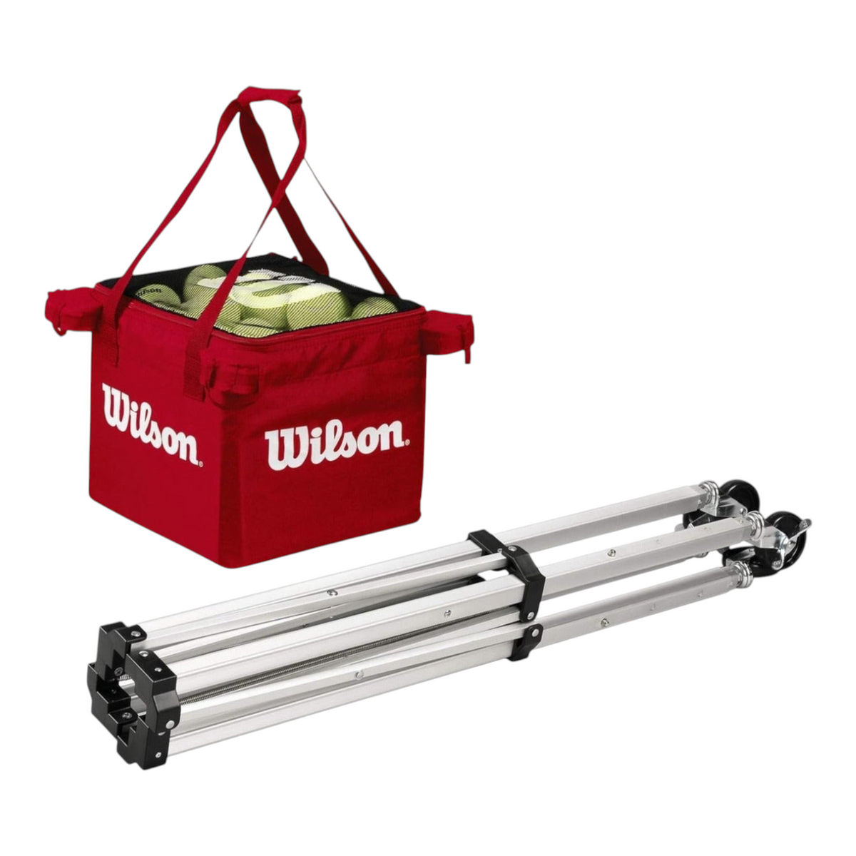Carrito y bolsa Radach Sports Wilson para 150 pelotas de tenis, estructura plegable de aluminio y bolsa roja con cierre
