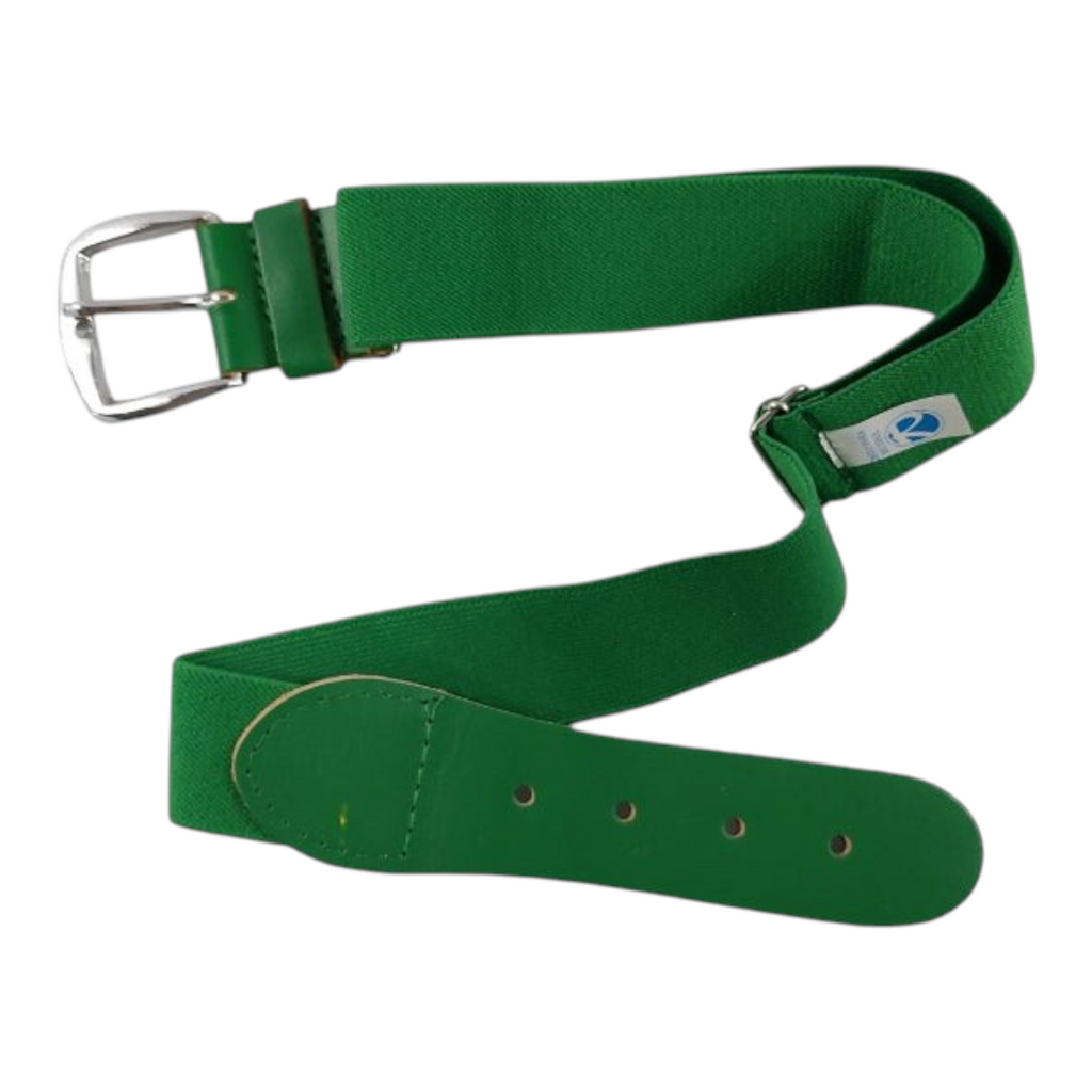 Cinturón elástico verde Radach Sports para béisbol y sóftbol con hebilla metálica ajustable y detalles en piel