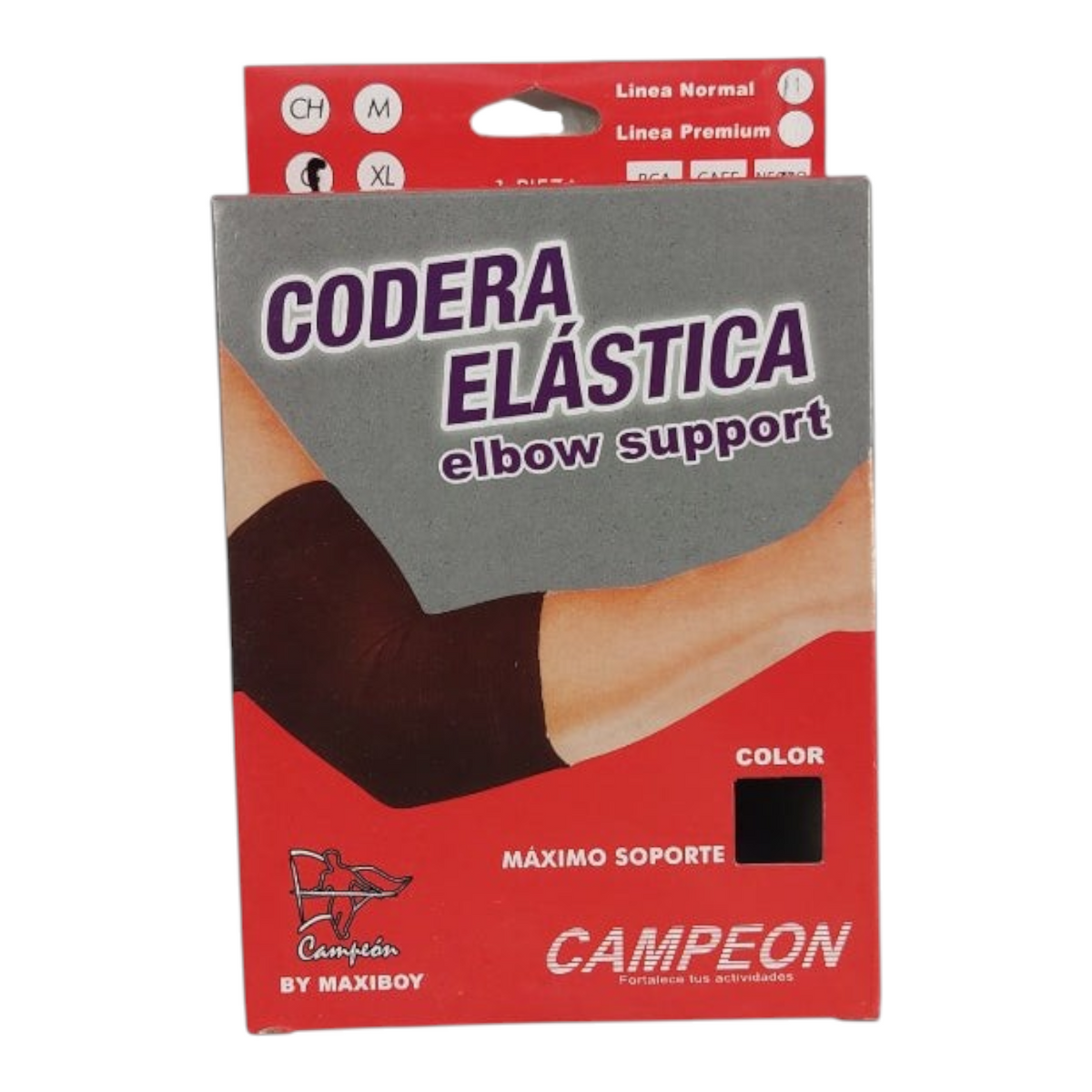 Empaque de codera elástica negra marca Campeón de Radach Sports para soporte articular y muscular