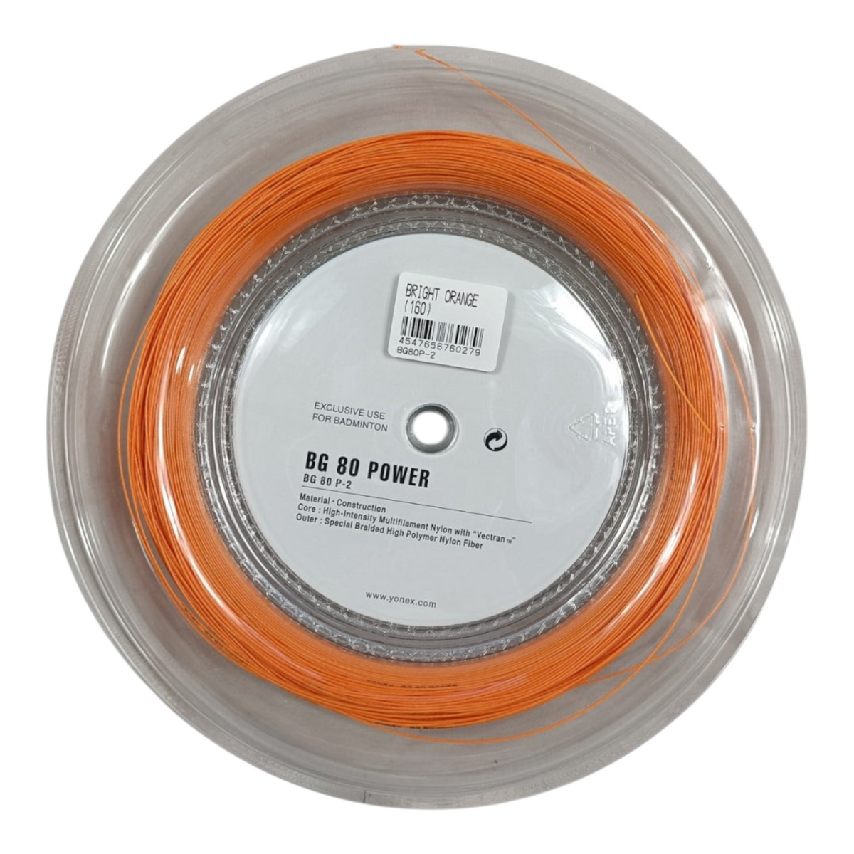 Carrete de cuerda de bádminton Radach Sports Yonex BG80 Power de 200 metros en color naranja brillante