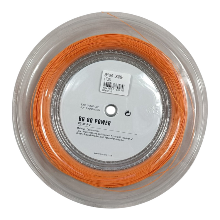 Carrete de cuerda de bádminton Radach Sports Yonex BG80 Power de 200 metros en color naranja brillante