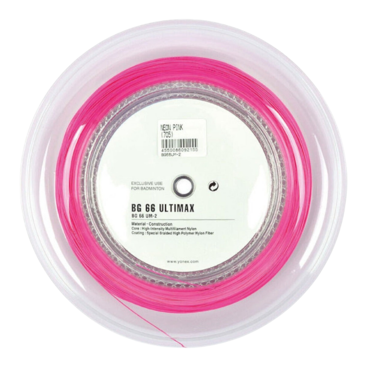 Rollo de cuerda para bádminton Radach Sports Yonex BG66UM Ultimax en color rosa neón de 0.65 mm