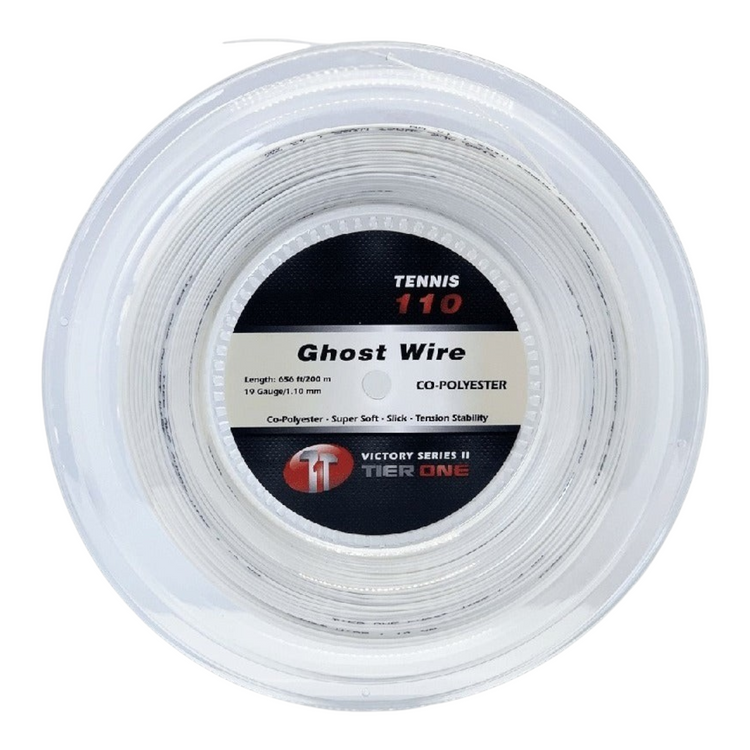 Rollo de cuerda para raqueta Radach Sports Tier One Ghost Wire 1.10mm de copoliester blanco para tenis
