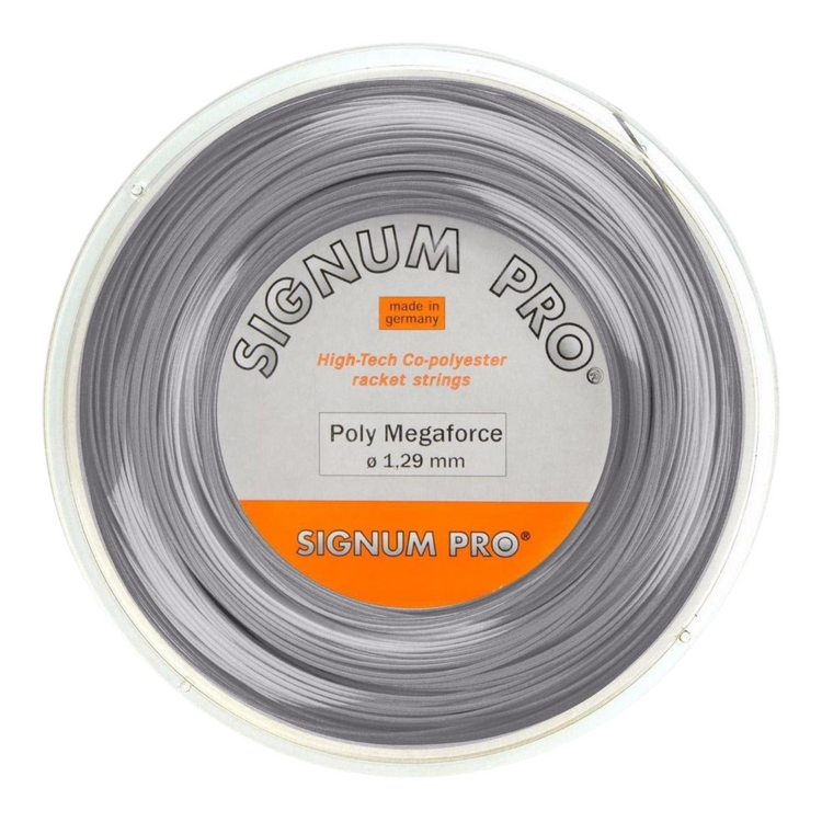 Rollo de cuerda para raqueta Radach Sports Signum Pro Poly Mega Force de 200 metros en color plata calibre 1.29mm