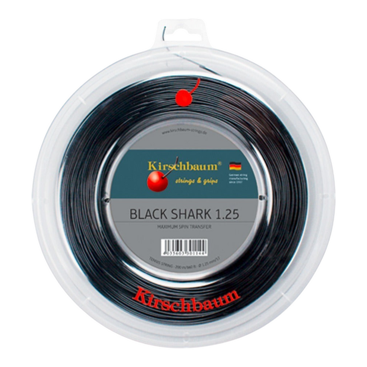 Rollo de cuerda para tenis Radach Sports Kirschbaum Black Shark 1.25mm de color negro con estructura de cinco puntas