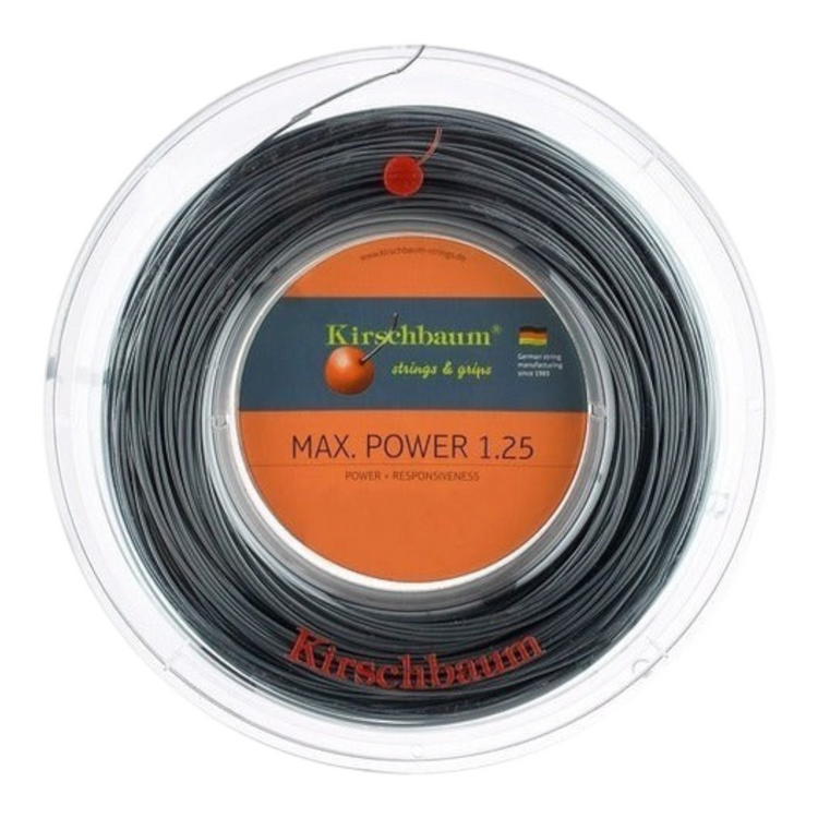 Bobina de cuerda de tenis Radach Sports Kirschbaum Max Power 1.25mm de copolímero monofilamento en color plata