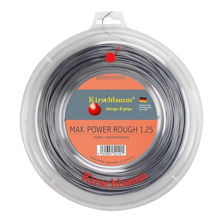 Bobina de cuerda de tenis Radach Sports Kirschbaum Max Power Rough 1.25mm de color plata con textura para mayor spin