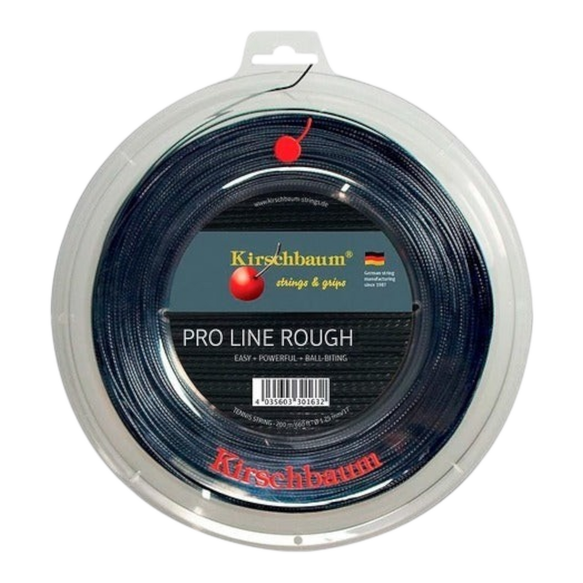 Rollo de 200 metros de cuerda para tenis Radach Sports Kirschbaum Pro Line Rough negra de calibre 1.30mm con textura