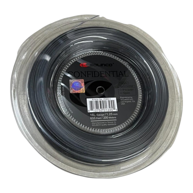 Bobina de cuerda de tenis Radach Sports Solinco Confidential 16L de 1.25mm en color gris oscuro